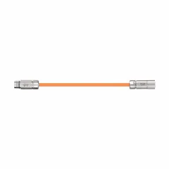This 60 ft servo hybrid cable cordset features an orange PUR jacket and a conductor configuration of (4xAWG16 (1.5))+(2xAWG18 (0.75))+(1PRxAWG22 (0.34)). Designed for Beckhoff-style systems, it combines power and feedback conductors in a single cable for motion control applications in industrial automation.