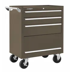 This heavy-duty rolling tool cabinet provides mobile storage for tools and parts in industrial workshops and maintenance facilities. It measures 27 inches wide by 18 inches deep by 35 inches high and features three drawers. The cabinet is finished in brown.