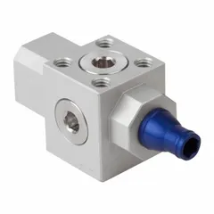Vacuum generator from the Schmalz SBP series with multistage ejector design. Nozzle diameter 0.4 mm, flow rate 0.47 cfm, maximum supply pressure 6 bar. Connections are 1/8 in G female. Used for generating vacuum in pick-and-place, packaging, and material handling applications.