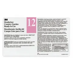 Secondary container label with legend '3M Deodorizer 12'. Measures 8 1/2 inches wide. Supplied in a 12-pack. Used for identifying secondary bottles in industrial or janitorial settings to reduce mix-ups.