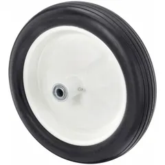 Flat-free polyurethane foam wheel with a steel hub. Wheel diameter 13 5/16 in, width 2 1/2 in, hub length 6 in. Tire sidewall number 3.50/2.50-8. Eliminates air inflation for maintenance-free operation on industrial carts, dollies, and material handling equipment.