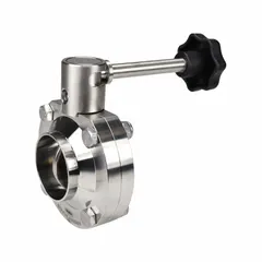 This 3-A certified butterfly valve features a 316L stainless steel body and disc with solder connections. It includes a lever handle with unlimited stop positions and an average surface roughness of ≤ 32 micron. Rated for a maximum pressure of 140 psi (CWP), it is suitable for sanitary applications requiring clean-in-place capabilities.