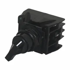 Non-illuminated selector switch from the E34 series with a short-handled knob operator head. Features maintained/maintained action and a 30 mm panel mounting hole diameter. Suitable for on/off control in industrial machinery and control panels.