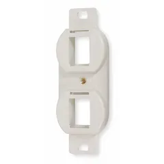 This off-white duplex outlet frame accommodates two ports for voice and data connections. It is used in structured cabling systems to provide a clean mounting solution for modular jacks in commercial and industrial network installations.