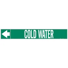 Green adhesive pipe marker with white legend reading 'Cold Water' and directional arrows. Fits pipe outer diameters of 1-1/2 to 2 inches. Supplied on a roll of 25 markers for identifying cold water piping in facility systems.