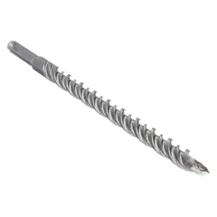 This carbide-head SDS-Plus drill bit is designed for drilling into concrete and masonry materials. With a 5/8 in diameter, 10 in maximum drilling depth, and 12 in overall length, it is suited for creating anchor holes or conduit runs in hard materials using rotary hammer drills.