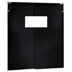 This general purpose swinging door consists of two PVC doors, each 6 ft wide by 7 ft high, in black with a vinyl window. It includes door seals, bumpers, and mounting hardware, and meets USDA standards. Suitable for separating work zones in industrial facilities where foot or cart traffic is common.