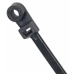 Black nylon screw mount cable tie with a 0.3-inch width and 4-inch maximum bundle diameter. Features a #10 screw mount hole for permanent attachment to panels or equipment. Supplied in a pack of 100. Suitable for securing wire bundles in electrical installations and cable management applications.