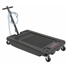 This low-profile truck drain is constructed from black PVC and has a 17-gallon capacity. With an overall height of 7 11/16 inches, it is designed for use under vehicles with limited clearance in maintenance bays. Suitable for collecting and draining waste fluids such as oil or coolant from commercial vehicles.