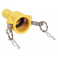 This Type C nylon cam and groove fitting provides a quick-connect, leak-resistant connection for transferring liquids, powders, or gases in industrial hoses. It has a 2 1/2 in coupling size and a 2 1/2 in hose fitting size, with a nitrile gasket material. Suitable for use in chemical, petroleum, and agricultural applications where corrosion resistance and secure coupling are required.