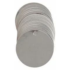 These blank valve tags are made of stainless steel with a silver finish. Each tag is round, 2 inches in diameter, and 0.024 inches thick. Supplied in a pack of 25, they are suitable for custom marking and identification of valves, pipes, and equipment in industrial settings.