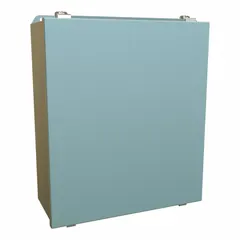 Steel enclosure measuring 16 x 14 x 6 inches with a solid cover secured by screw-type clamp-on closure. Rated NEMA 12/13/3R/4 for protection against dust, falling dirt, rain, sleet, and hose-directed water. Knockouts not included. Suitable for housing electrical controls and instrumentation in indoor or outdoor industrial environments.