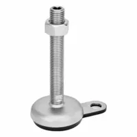 Round base leveling mount with male threaded stud for machinery leveling and vibration control. Features a 3/4"-10 thread size, 3.15 in height, and 4,271 lbf load capacity. Includes a rubber pad and Buna-N thrust pad for non-skid support on uneven floors