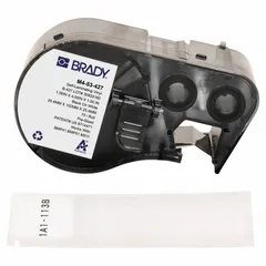 Vinyl, white (matte) precut label roll cartridge measuring 4 in x 1 in. Designed for permanent wire and cable identification on gauges from 1 AWG to 500 kcmil. Compatible with BMP51 printer series; requires R4300 ribbon. Suitable for industrial electrical panel, data center, and facility maintenance applications.