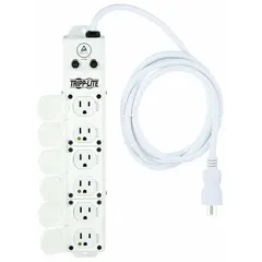 UL 1363A listed healthcare power strip with 6 outlets, 7 ft cord, and 15 A rating. White finish with 5-15P plug and screw mounting for secure installation in medical environments. Width 2 1/2 in.