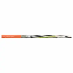 This servo motor power cable features a conductor grouping of (4) 16 AWG and (2) shielded twisted pair 16 AWG with an included ground. The orange jacket is suitable for fixed installations with a minimum bend radius of 8 x OD and flexible applications with 12 x OD. Sold by the foot, it is used to supply power and signal to servo motors in automated machinery and robotics.