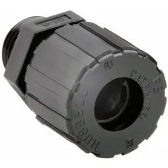Straight plastic cable grip with 1/2 in male NPT thread for box connection. Accepts cord diameters from 0.50 to 0.63 in. Black nylon body with brown color-coded grommet. Used to secure and seal electrical cables entering enclosures in dry or damp locations.