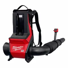 Battery-powered backpack blower with tube-mounted throttle. Delivers 800 cfm maximum air flow and 190 mph maximum air speed. Operates at 65 dB or less. Suitable for clearing leaves, debris, and light snow from large areas.