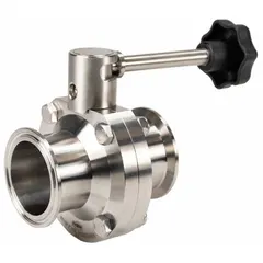 This 3-A certified butterfly valve features a 316L stainless steel body and disc with an average surface roughness of ≤ 32 micron Ra, suitable for sanitary applications. It has a clamp connection, lever handle with unlimited stop positions, and a maximum pressure rating of 140 psi CWP. Typical uses include food, dairy, beverage, and pharmaceutical processing where clean-in-place (CIP) systems are employed.