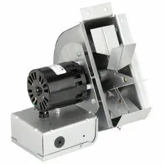 Pipe-mount exhaust draft inducer for oil-fired furnaces. Operates on 115V AC at 60 Hz, draws 0.96 A. Fits pipe diameters from 5 in to 8 in. Maintains consistent draft to improve combustion efficiency.