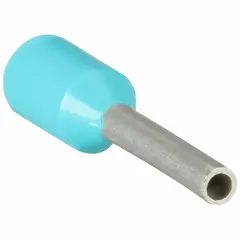 Insulated ferrule for terminating a single 22 AWG stranded wire. Turquoise polypropylene insulation. Used in control panels and terminal blocks to prevent wire fraying and ensure secure connections.