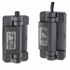 Hinged safety-interlock switch with bottom output, 2NO/2NC contact configuration, 8-pin connector termination, and 2 m cable. AC contact rating 1.5 A at 120 V. Used to monitor movable guards on industrial machinery, preventing operation when the guard is open.