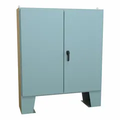 This HAMMOND steel enclosure measures 60 x 60 x 17 inches and is rated NEMA 12 for protection against dust, dirt, and non-corrosive liquids. It features a solid hinged cover with a handle closure and includes a panel. Knockouts are not provided. Typical applications include housing electrical controls and instruments in industrial environments.