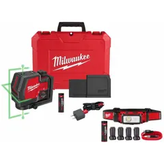 This cross-line laser level projects two green beams for alignment, leveling, and layout tasks in construction, framing, and electrical work. It has a range of 100 to 200 ft without a detector and is powered by a Li-Ion battery system. The kit includes two batteries, charger, case, floor mount, and headlamp.