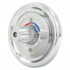 This tub and shower valve kit includes a brass handle and a chrome-finished circle trim plate made of zinc. It is designed for use in shower or tubshower installations to control water flow and temperature. The trim plate provides a finished wall cover for the valve.