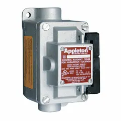 This one-gang rocker-arm tumbler switch is a 2-pole, 30 A, 277 V AC unit with a feed-thru hub and 3/4 in hub size. It is used for on/off control of lighting and equipment in industrial environments.