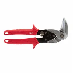Left-cutting aviation snip with 9 in overall length and 4 in cutting length. Constructed with steel and plastic components. Designed for cutting 18-gauge cold rolled steel. Used for making left-curved cuts in sheet metal for ductwork, metal fabrication, and automotive applications.
