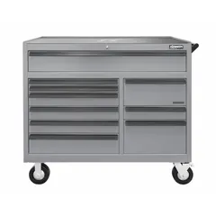 This heavy-duty rolling tool cabinet from KENNEDY measures 48 1/2 in W x 20 in D x 43 1/4 in H and features 10 drawers in a gray finish. Designed for industrial workshops and maintenance facilities, it provides organized storage for tools, parts, and equipment, supporting efficient workflow in machining, electrical, and other industrial settings.