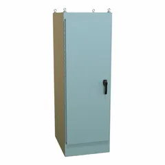 Steel dust-tight enclosure with NEMA 12 rating, measuring 72 x 24 x 30 inches. Features a solid hinged cover with handle closure; knockouts are not included. Suitable for protecting electrical controls and components in industrial environments where protection from dust, dirt, and non-corrosive liquids is required.