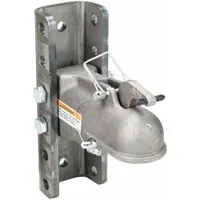 This adjustable coupler is designed for connecting a trailer to a tow vehicle. Constructed from steel with an unfinished finish, it has a gross towing weight capacity of 10,000 lb and is classified as Type IV. Suitable for heavy-duty hauling applications