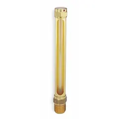 Vented oil level gauge with 4 1/4 in sight height and 1/2" NPTF male connection. Features Buna N seal, maximum temperature rating of 250°F, and no thermometer. Compatible with G320 Series. Used for visual oil level indication in gearboxes, compressors, and hydraulic reservoirs.