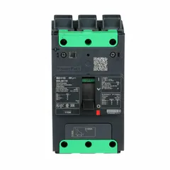 B-Frame molded case circuit breaker rated 110 A with a maximum interrupting rating of 25 kA at 277/408 V AC. Features fixed instantaneous trip, Everlink lug connections on both ends, and ABC phase connection. Suitable for branch-circuit protection in industrial power distribution systems.