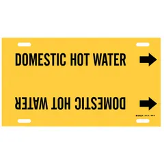 Yellow pipe marker with black legend text reading 'Domestic Hot Water' and directional arrows. Fits pipe outer diameters from 8 to 9-7/8 inches. Used to identify domestic hot water lines in piping systems, aiding in compliance with pipe-labeling standards.