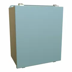 Steel enclosure with solid cover and clamp-on design. Measures 14 x 12 x 8 inches. Rated NEMA 12/13/3R/4 for protection against dust, falling dirt, dripping water, rain, sleet, and hose-down cleaning. Closure method uses screws. No knockouts provided. Suitable for housing electrical controls and instruments in industrial environments requiring washdown or outdoor exposure.