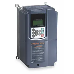 Variable frequency drive for three-phase output motors, rated 1 hp. Accepts single or three-phase input. Compact heat sink design in black/blue/gray. Suitable for speed control of pumps, fans, and conveyors in industrial settings.