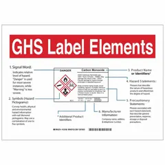White polyester label displaying GHS pictograms, signal words, and hazard statements for workplace hazard communication. Used to label chemical containers and storage areas in compliance with GHS requirements.