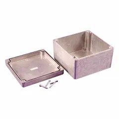 This die-cast aluminum enclosure measures 6 in x 6 in x 4 in and features a solid cover secured with screws. It is rated NEMA 1, 12, 13, 4, and 4X for protection against dust, water, and corrosion. Knockouts are not included. Suitable for housing electrical and electronic components in indoor or outdoor environments.