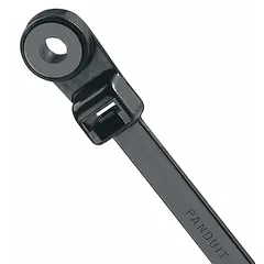 Black nylon screw mount cable tie with a nominal length of 8 inches, 0.19-inch width, and a maximum bundle diameter of 2 inches. Features a #10 screw mounting hole for permanent attachment to panels or equipment. Supplied in a standard pack of 100 pieces.