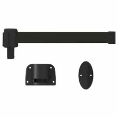 This wall-mount retractable belt barrier features a 15 ft black belt and black frame. It is used for crowd control, queue management, and safety delineation in industrial facilities, warehouses, and public spaces. The pattern design allows for flexible installation to create clear visual boundaries.