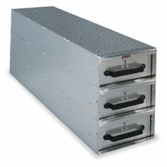 Aluminum bed-mount storage drawer unit with three drawers. Measures 18 inches in height, 12 inches in width, and 50 inches in depth. Silver finish. Suitable for organizing tools and parts in truck or van beds for mobile maintenance and field service applications.