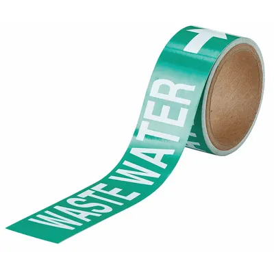 BRADY Pipe Marker: Waste Water, Green, White, Fits 2 1/2 to 6 in Pipe O.D., 25 Pipe Markers - Waste Water Adhesive Pipe Markers on a Roll