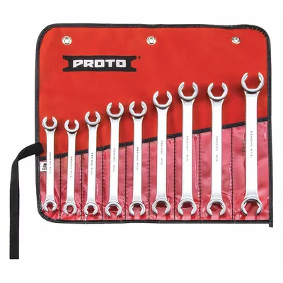 PROTO Flare Nut Wrench Set: Alloy Steel, Satin, 9 Tools - SAE & Metric, Double End, Standard-Head, 6-Point Flare Nut Wrench Sets