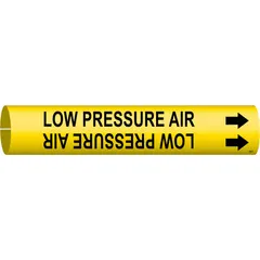 Yellow snap-on pipe marker with black legend reading 'Low Pressure Air' and directional arrows. Fits pipe outer diameters from 2-1/2 to 3-7/8 inches. Used to identify low-pressure air lines in industrial piping systems, aiding in compliance with pipe-identification standards.