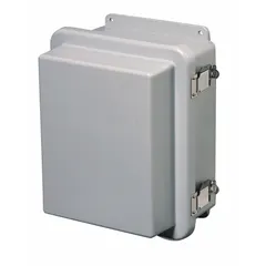 This fiberglass enclosure measures 14 x 12 x 7 inches and features a hinged solid cover with a padlock hasp closure. Rated NEMA 1/12/3R/4X/6P, it is suitable for indoor, outdoor, washdown, and submersible applications. Knockouts are not included. Typical uses include protecting electrical controls, instruments, and terminals in industrial environments.