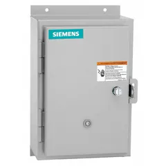 This enclosed non-reversing starter with electronic overload is designed for three-phase motor control. It features NEMA Size 1, 27 A rating, 3 poles, and a 24V AC coil. Includes screw terminals, a pilot light, and two 1NO auxiliary contacts. Suitable for applications such as conveyors, pumps, and compressors requiring reliable starting and overload protection.