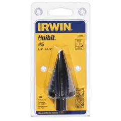 This step drill bit is made from black oxide high-speed steel (HSS) and features a hex shank to prevent slipping in drill chucks. It drills stepped holes in thin materials such as sheet metal, plastic, and wood. The size range is from 1/4" to 1-3/8". Suitable for general-purpose drilling in electrical, plumbing, and HVAC installations.